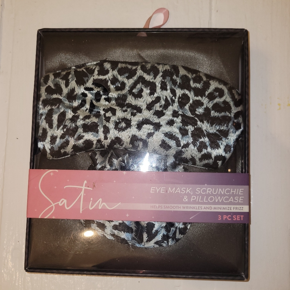 Leopard Print Satin Eye Mask, Scrunchie, and Pillowcase Set